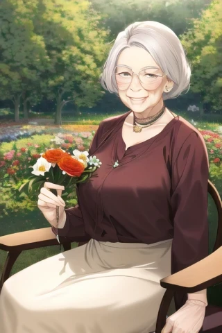 花, 笑, 老年女子